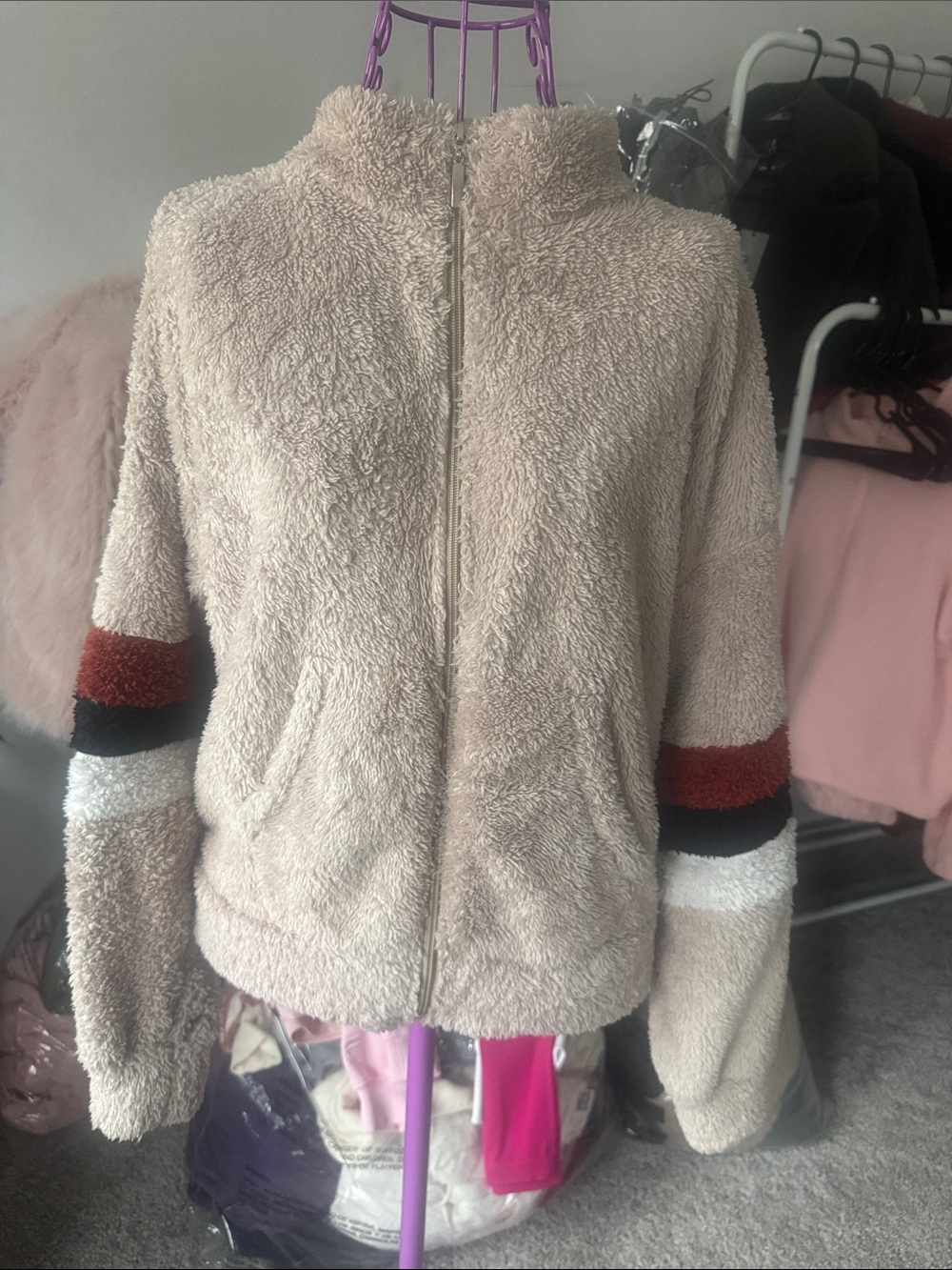 Missguided Beige Teddy Zip-Up Jacket with Colorblock Sleeve Stripes